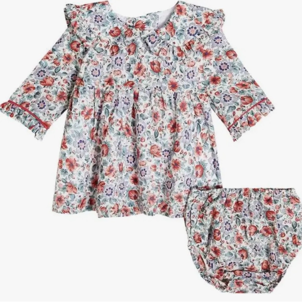 La Coqueta Marta Cotton Dress and Bloomers Set in Red Floral Sz 6M